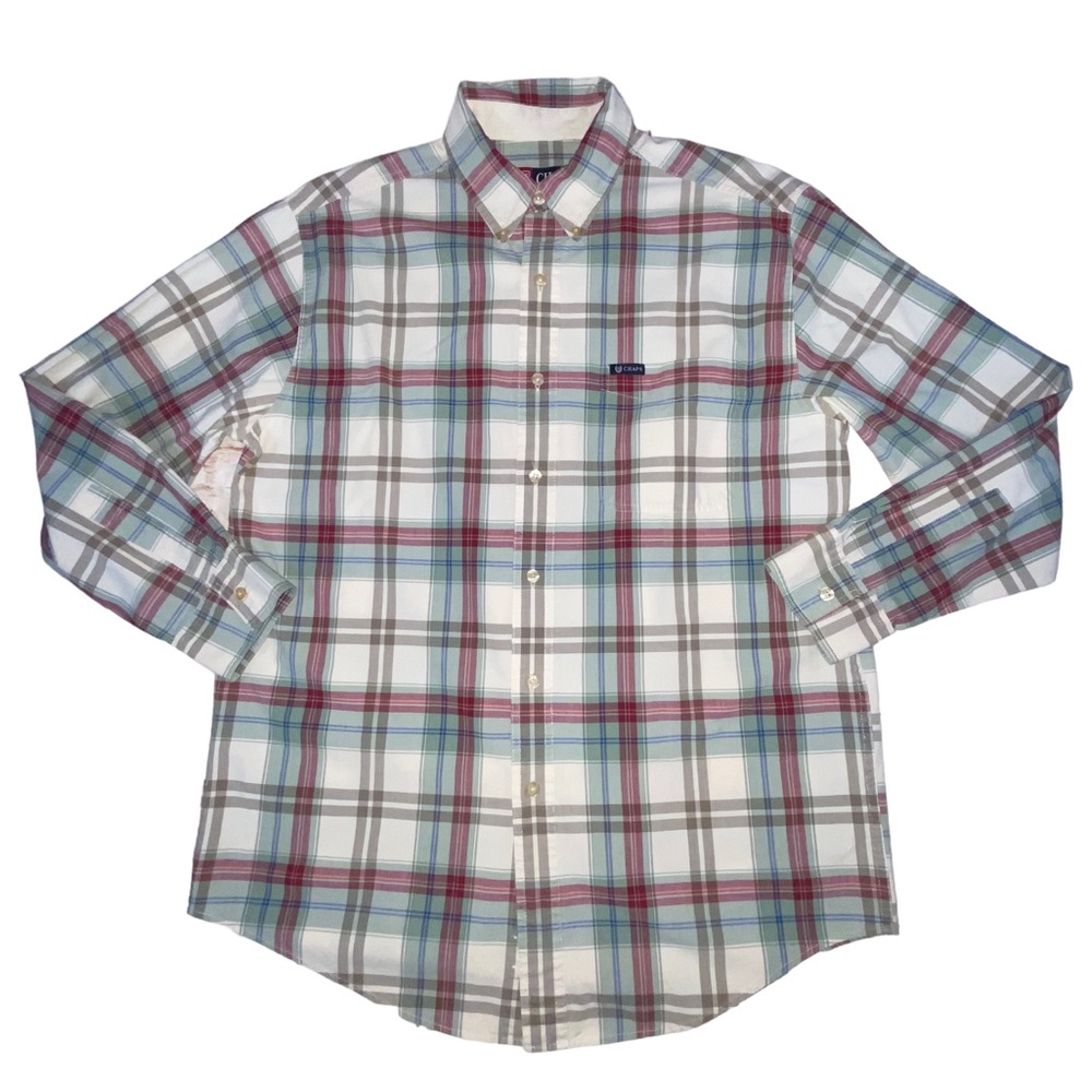 CHAPS Plaid Men’s Medium Button Down Shirt Cream Green Red Blue - Picture 11 of 11